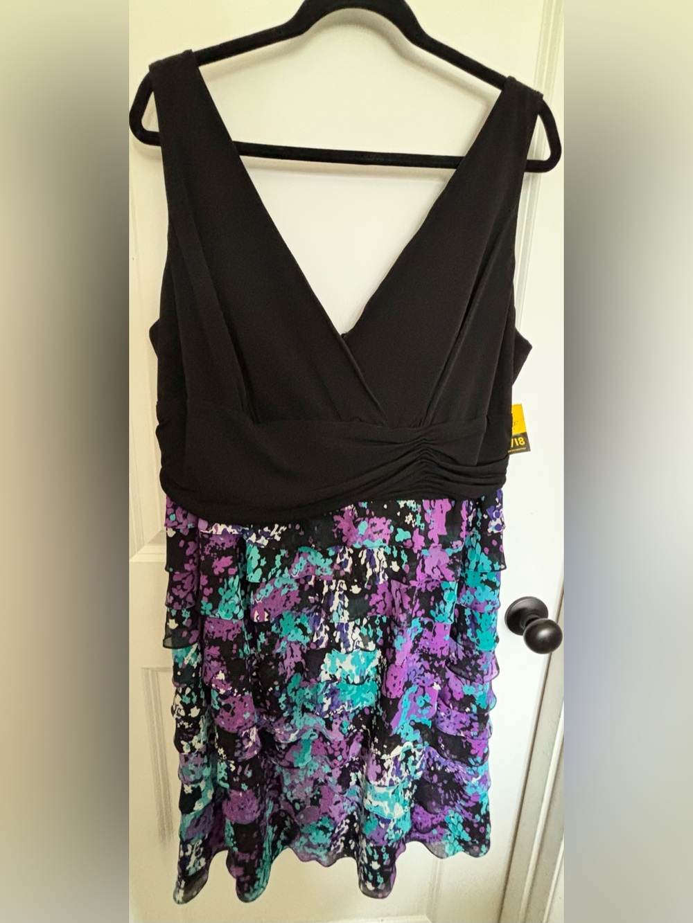 dressbarn Black Bodice Dress with Purple & Teal Floral Skirt